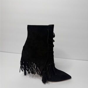 Aquazzura Black Mustang Fringe Booties 105 - Toe Ankle Boots Suede -Size 36